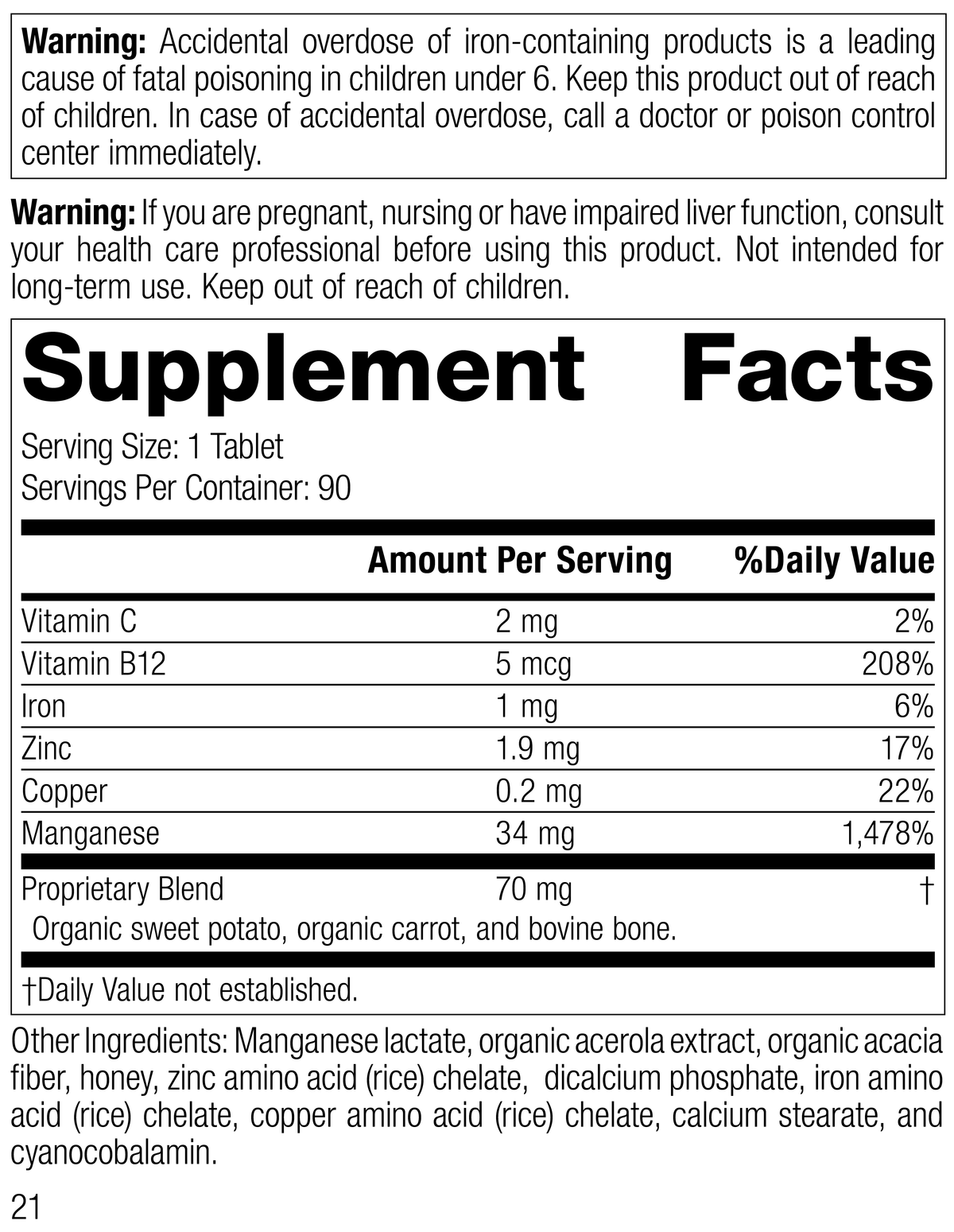 5490 Manganese B12 R20 Supplement Facts