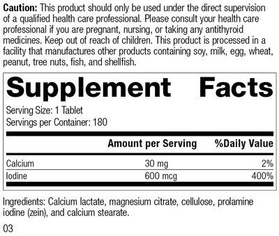 Prolamine Iodine, 180 Tablets, Rev 03 Supplement Facts