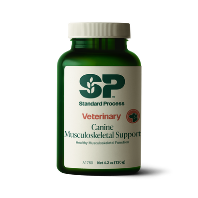 A bottle of Canine Musculoskeletal Support, a powder supplement for dogs’ muscles, ligaments and bone health, next to an image of the powder supplement.