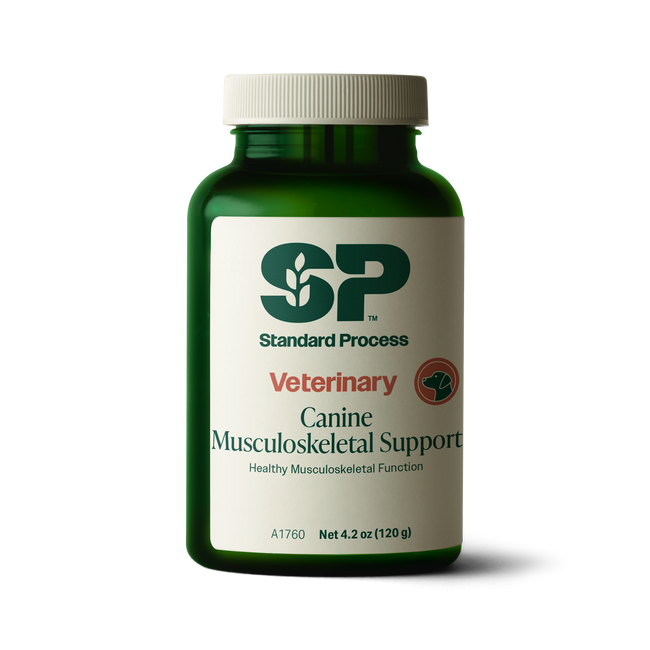 A bottle of Canine Musculoskeletal Support, a powder supplement for dogs’ muscles, ligaments and bone health, next to an image of the powder supplement.