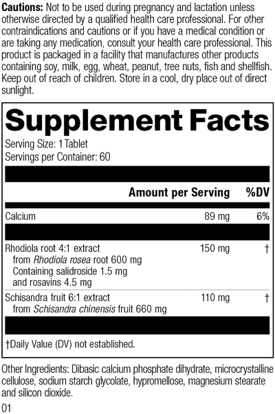 L1800 Rhodiola Schisandra R01 Supplement Facts Label