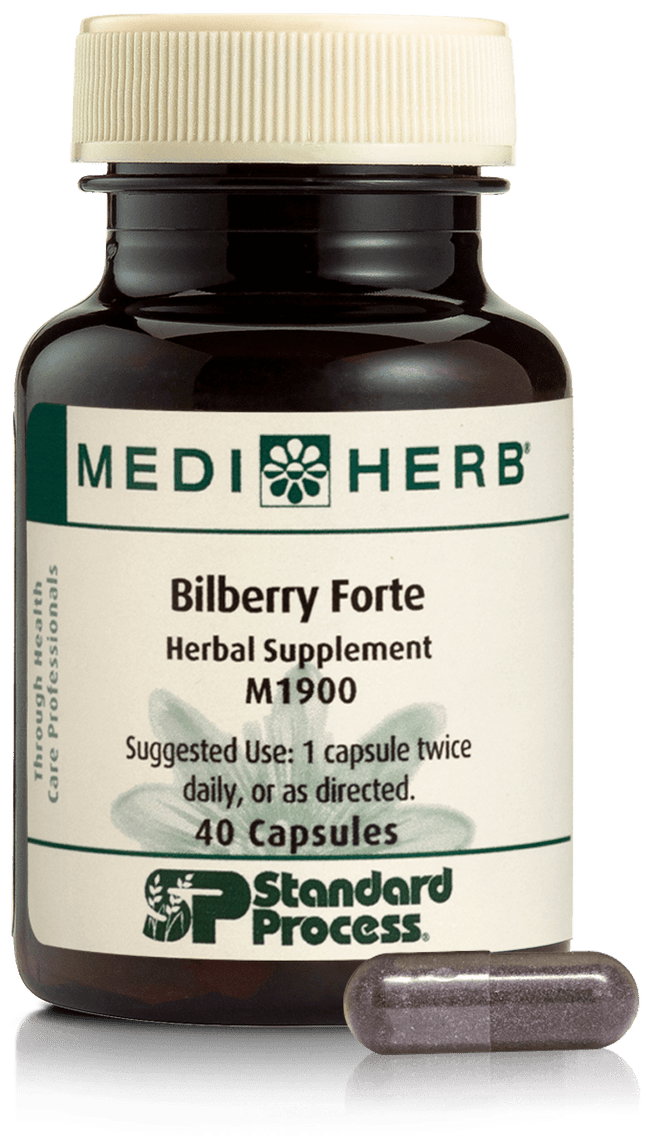 An image of herbal supplement Bilberry Forte next to a capsule.