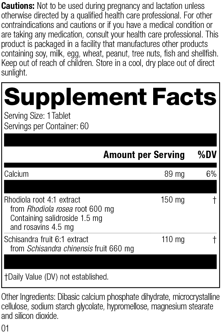 L1800 Rhodiola Schisandra R01 Supplement Facts Label