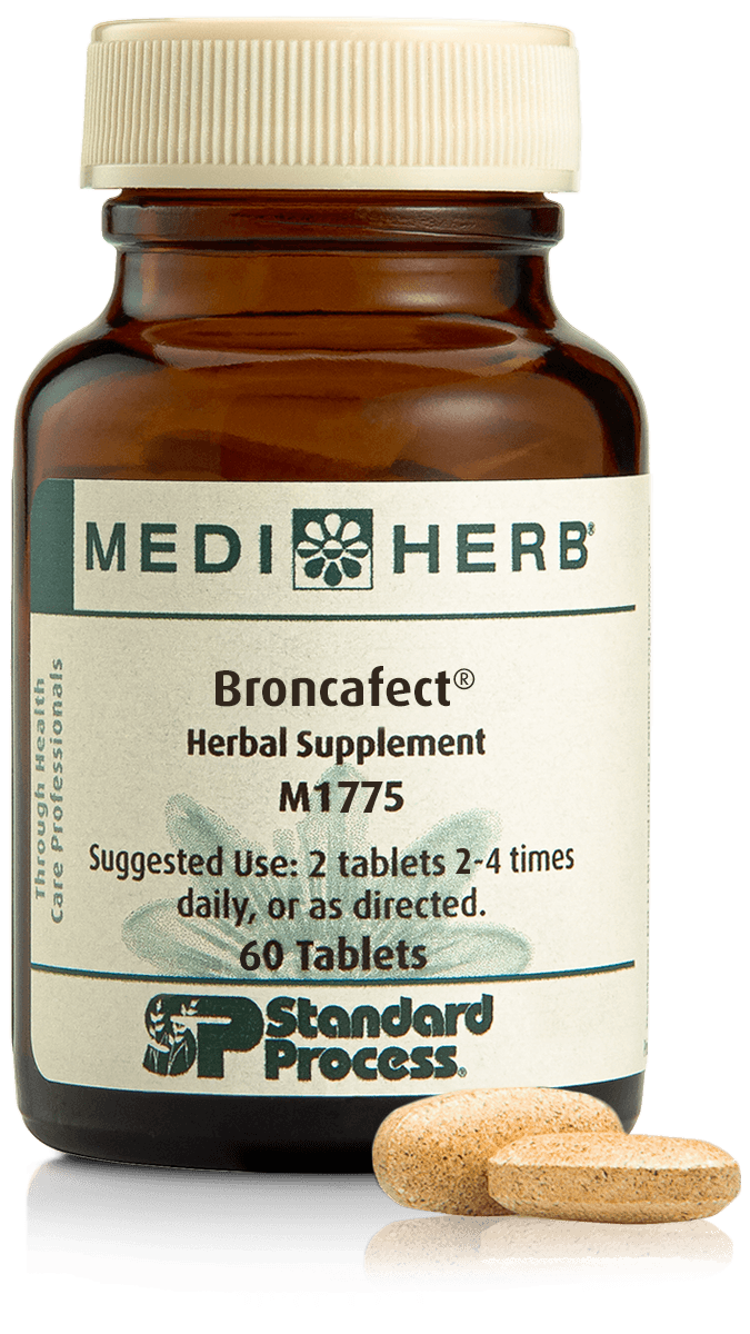 A bottle of Broncafect herbal supplement next to a tablet.