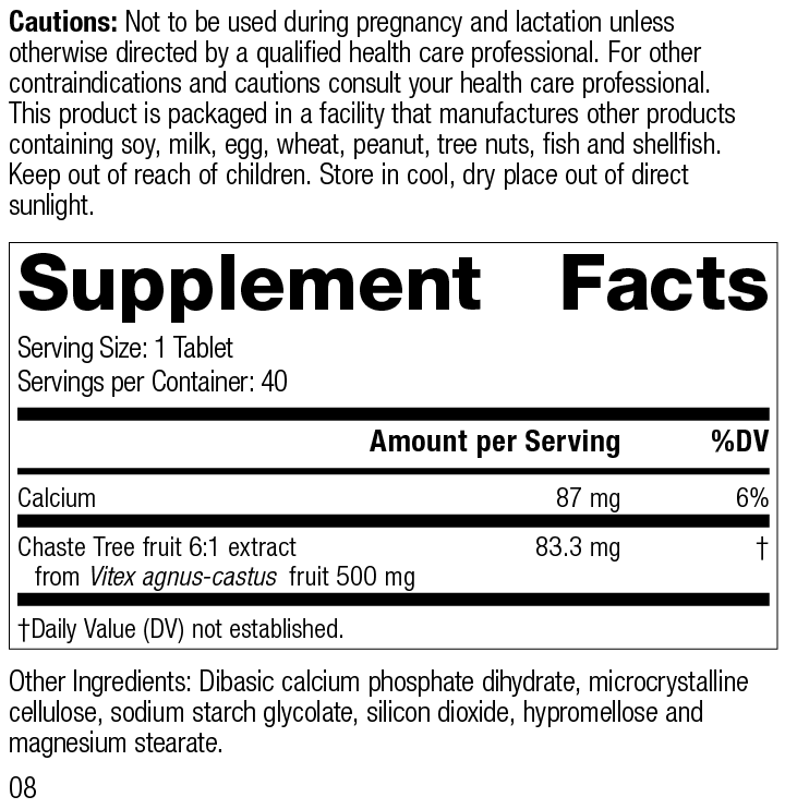 Chaste Tree, 40 Tablets, Rev 08 Supplement Facts Image